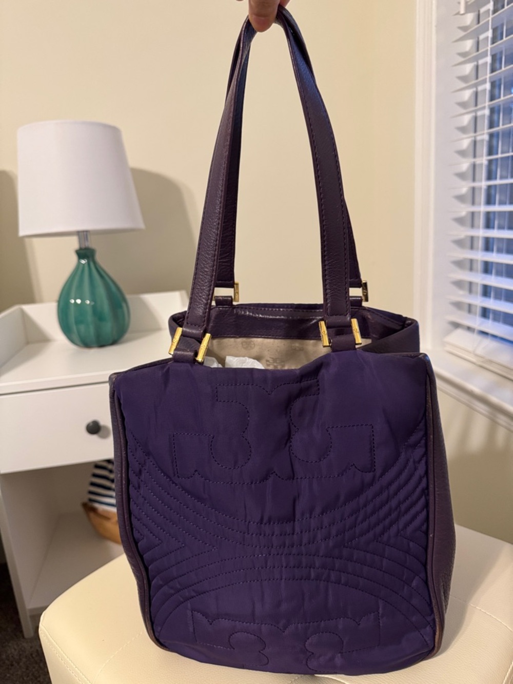 Purple Quilted Tote Bag with Gold Hardware
